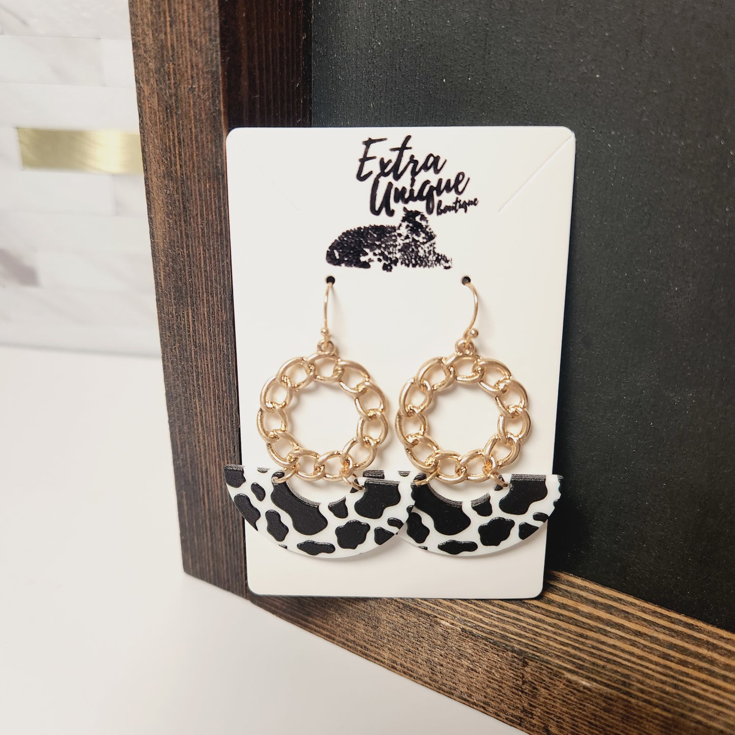 Acrylic Cow Print Metal Tone Chain Link Drop Earrings