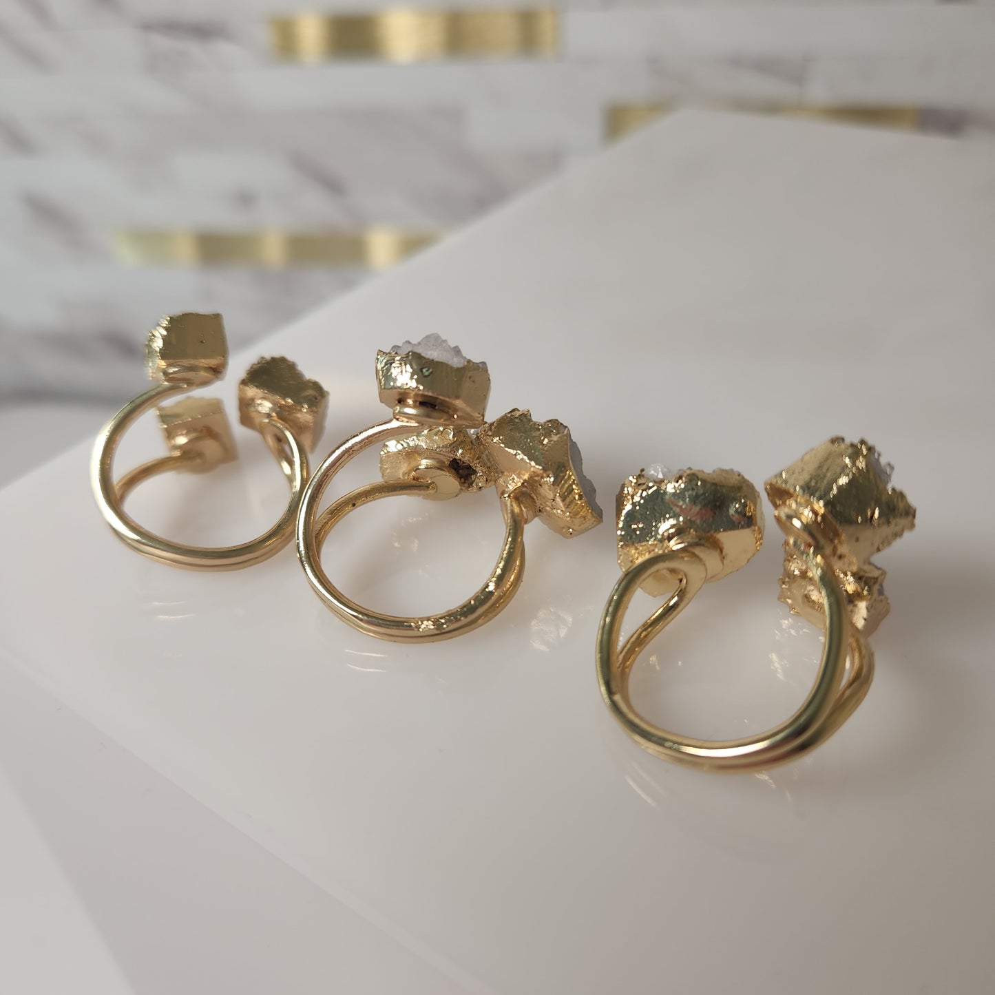 Triple Stone Druzy Quartz Adjustable Gold-Plated Ring