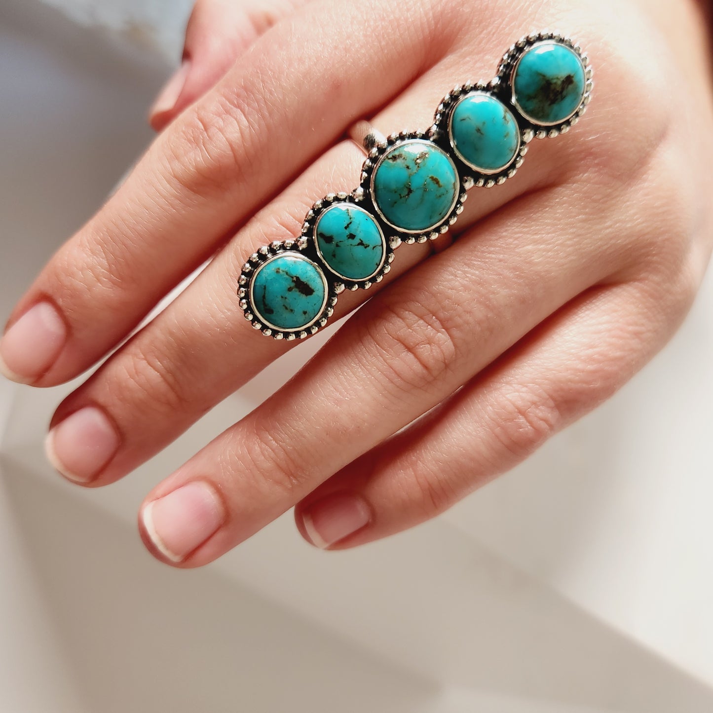 Long Turquoise Solid Sterling Silver Adjustable Ring