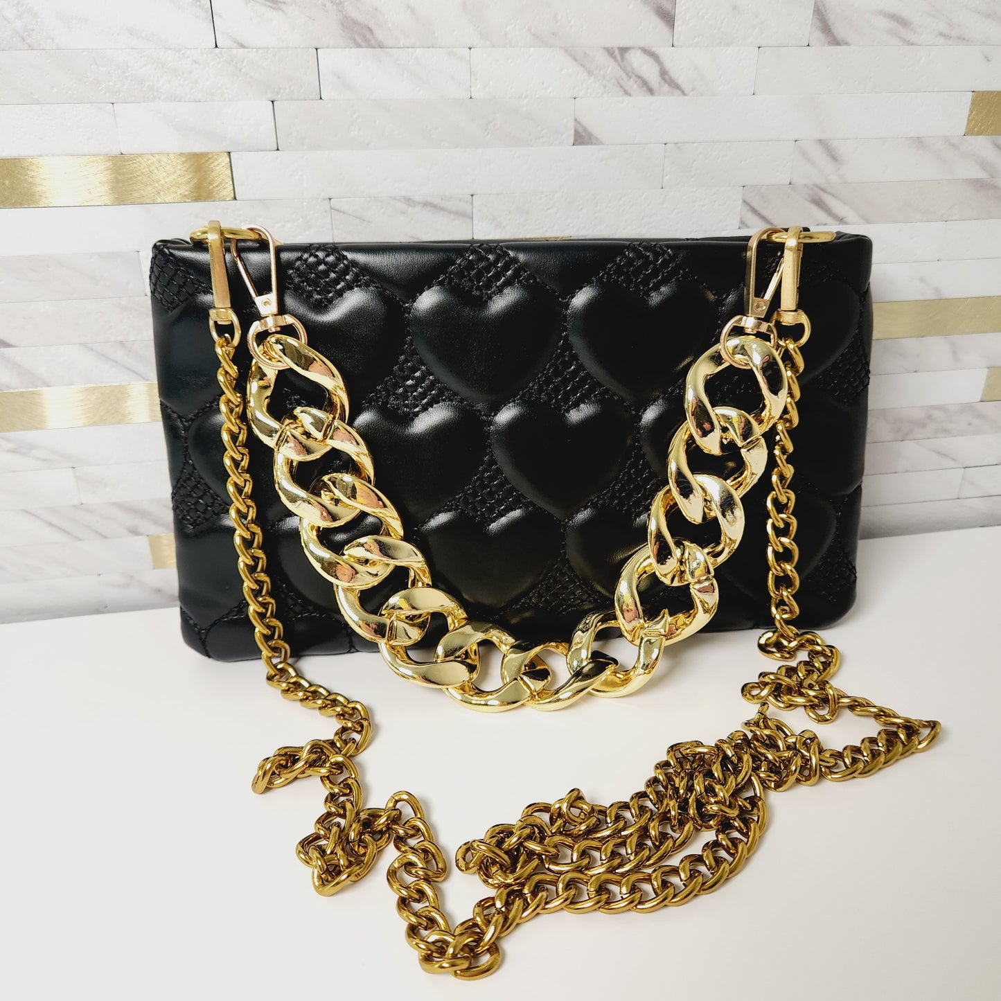 Black Puffy Heart Crossbody with Gold Chains