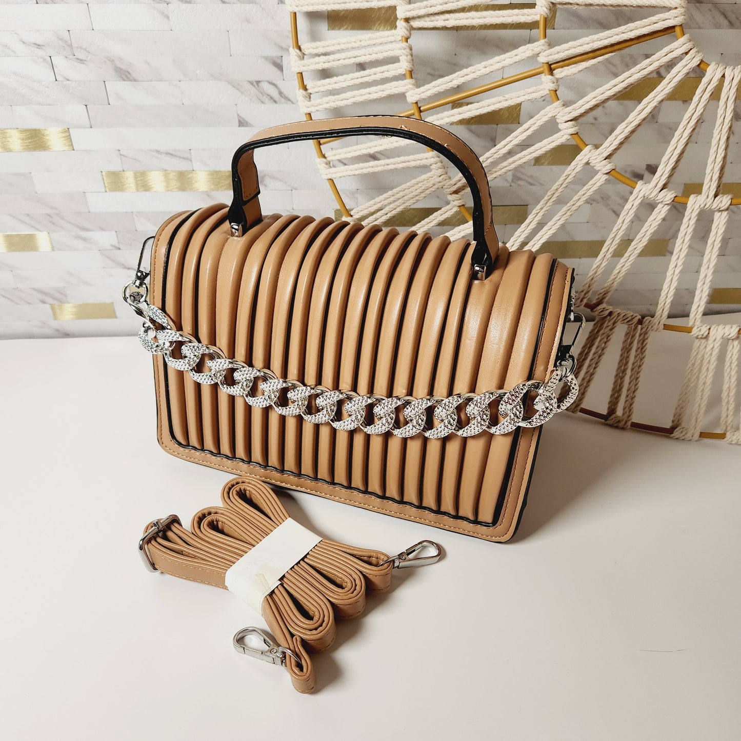 Tan Rhinestone Chain Crossbody Purse