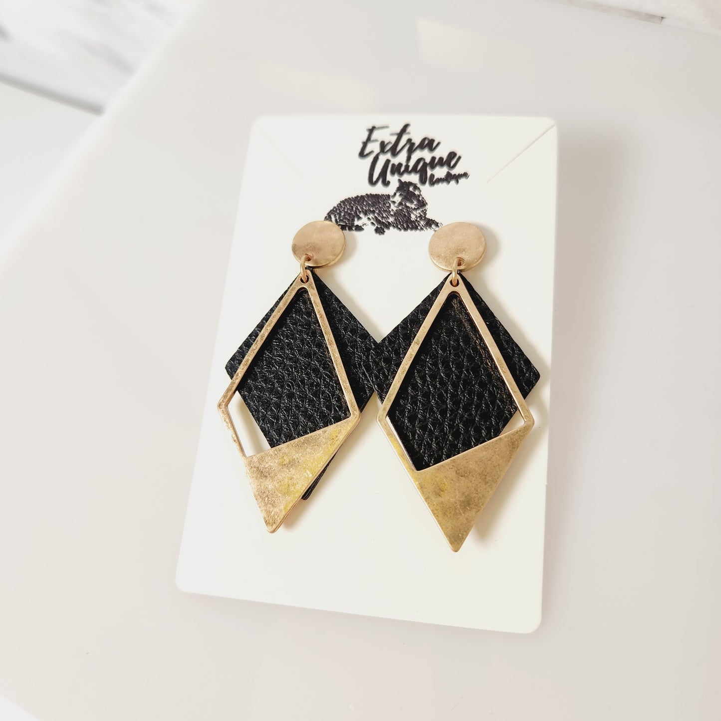 Goldtone Faux Leather Black Diamond Shape Earrings