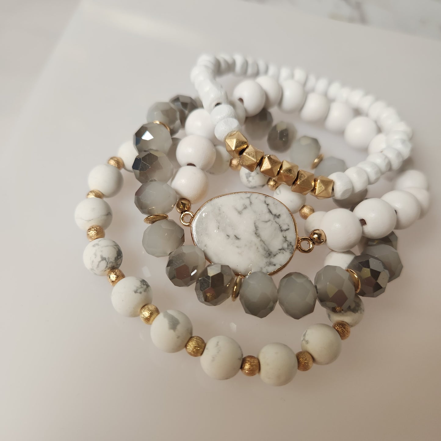 Set of Four Wood, Glass, and Natural Stone Beaded Stretch Bracelets