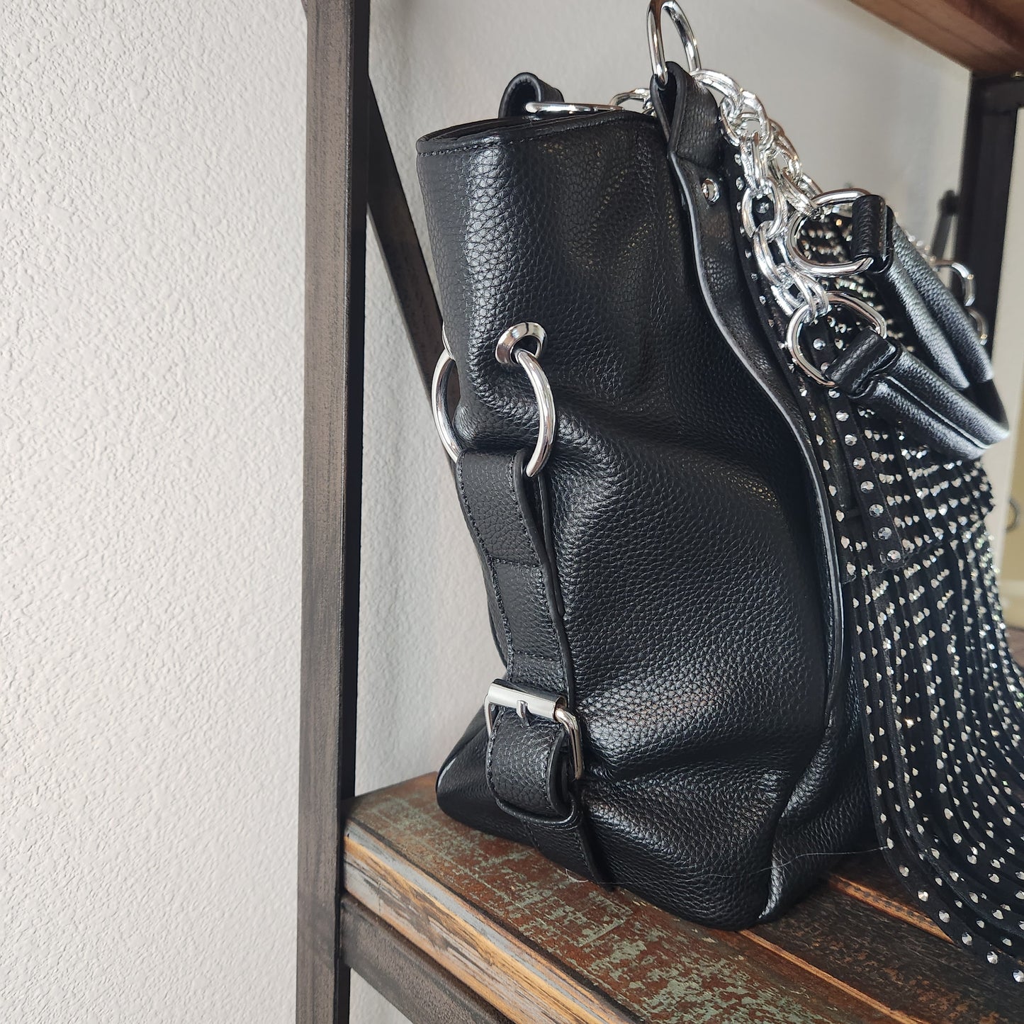 Black Rhinestone Fringe Purse with Silver Accents