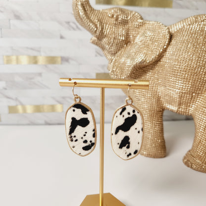 Cow Print Genuine Leather Western Oval Earrings