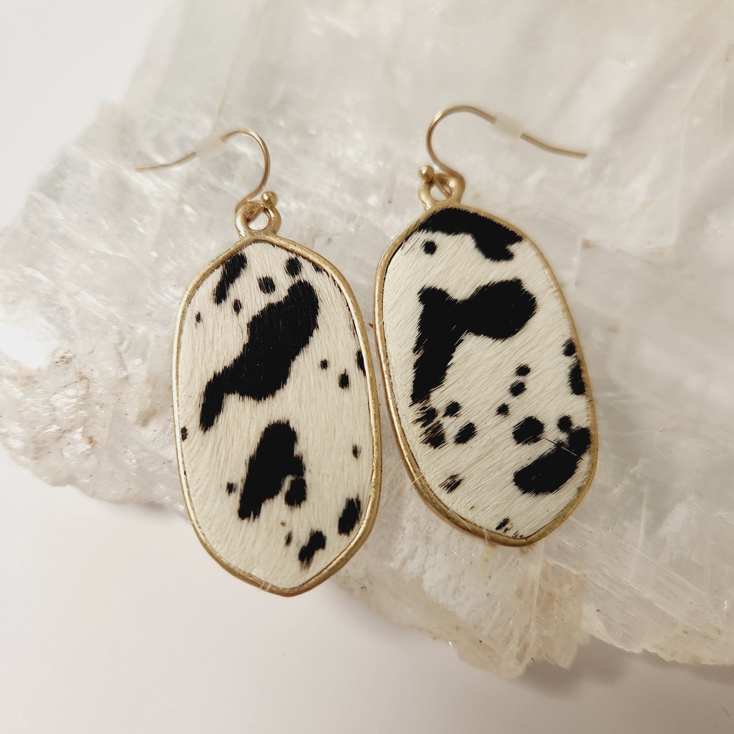 Cow Print Genuine Leather Western Oval Earrings