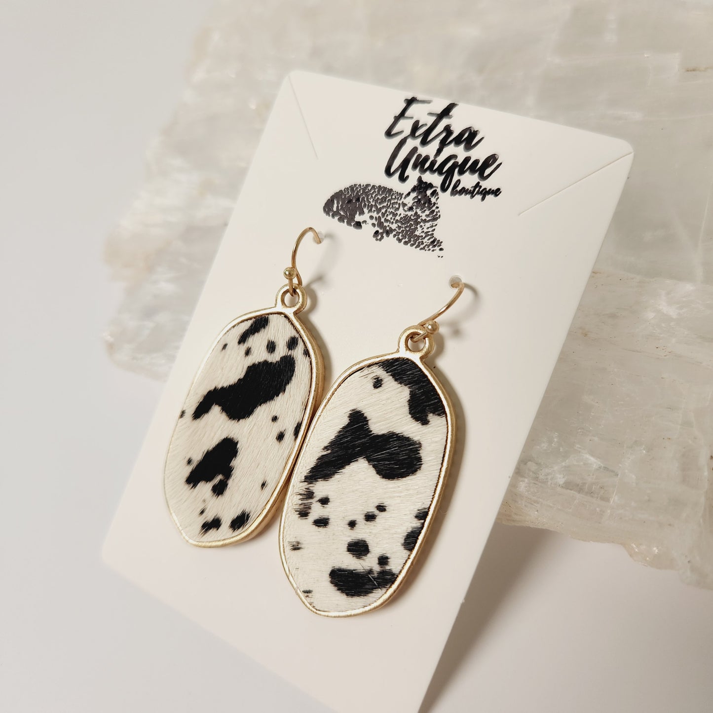 Cow Print Genuine Leather Western Oval Earrings
