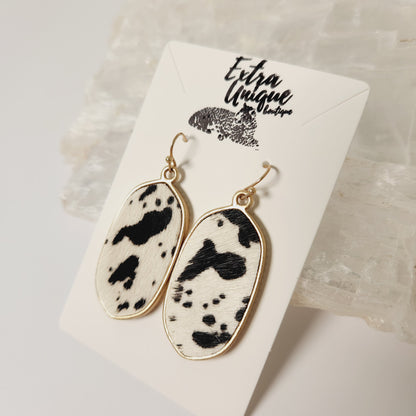 Cow Print Genuine Leather Western Oval Earrings