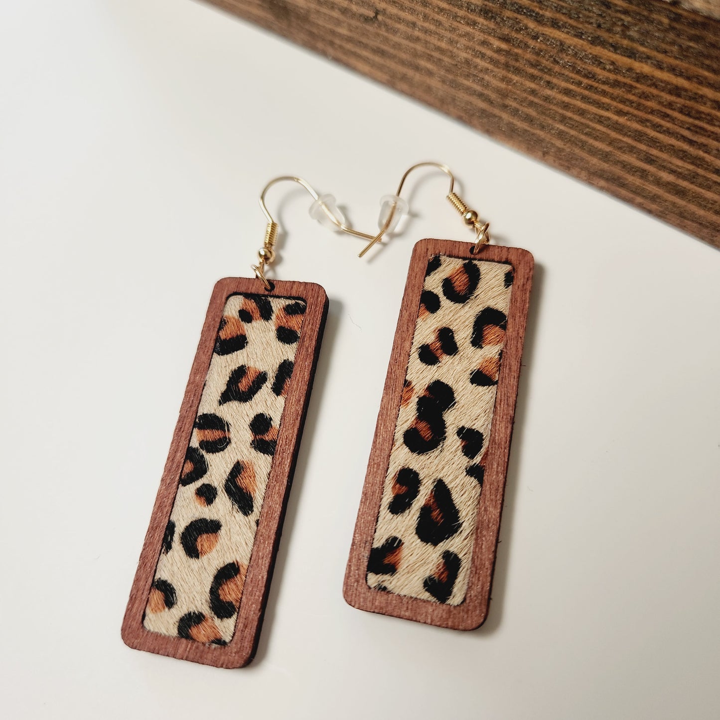 Long Leopard Hair Wood Western Bar Earrings
