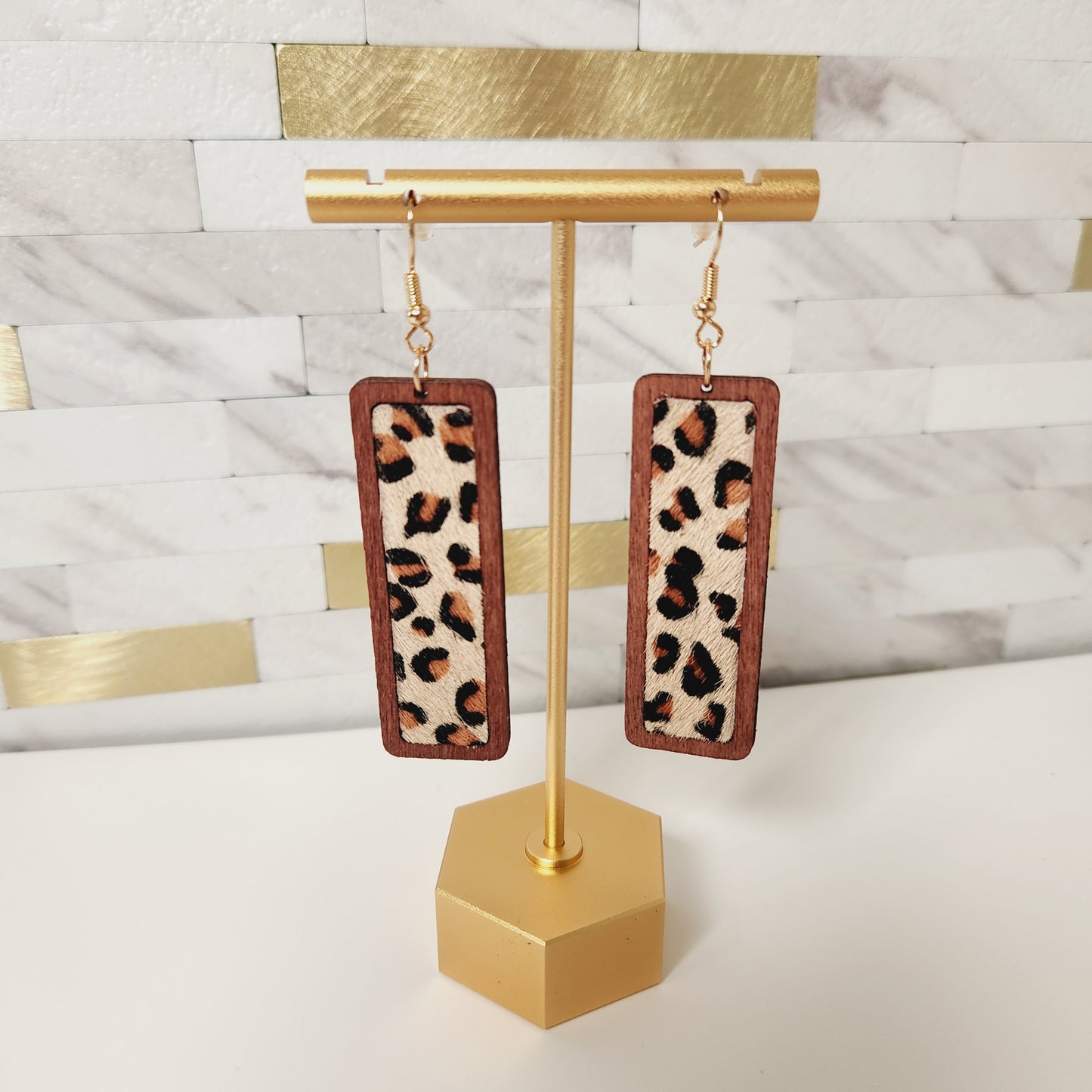 Long Leopard Hair Wood Western Bar Earrings