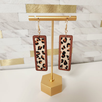 Long Leopard Hair Wood Western Bar Earrings