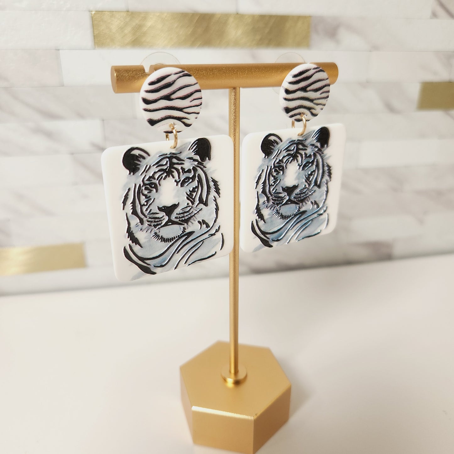 Geometric Tiger Acetate Drop Earrings