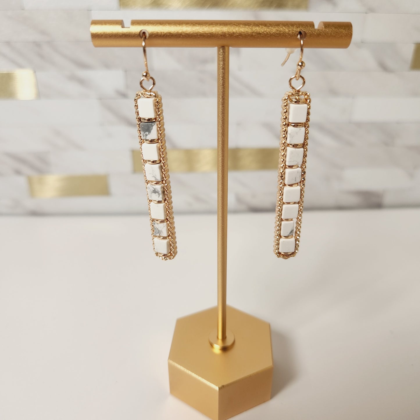 White Semi-Precious Natural Stone Bar Earrings