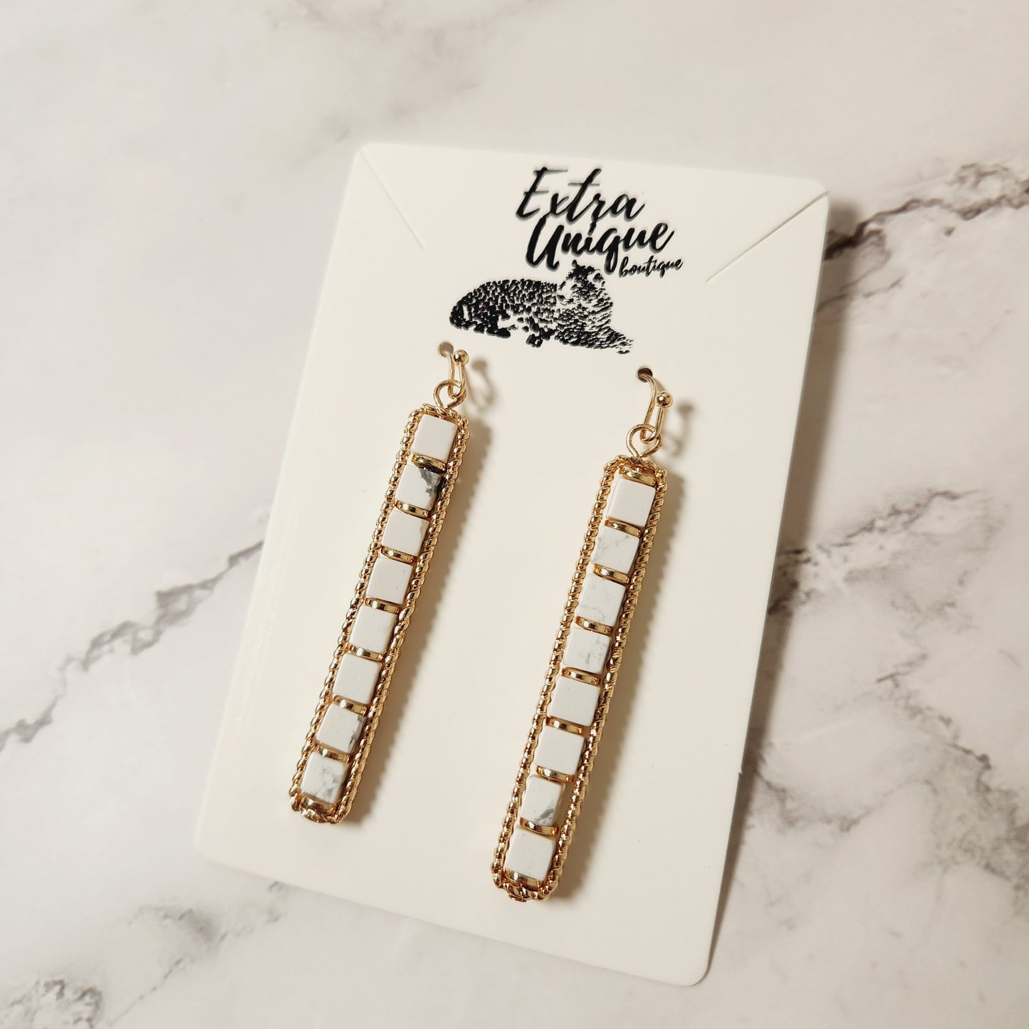 White Semi-Precious Natural Stone Bar Earrings