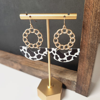 Acrylic Cow Print Metal Tone Chain Link Drop Earrings