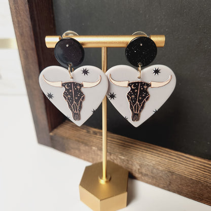 Heart Cow Skull Earrings