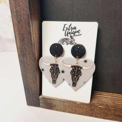 Acetate Heart Cow Skull Drop Earrings