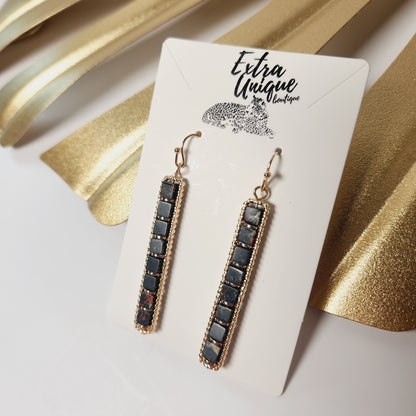 Black Semi-Precious Natural Stone Bar Drop Earrings