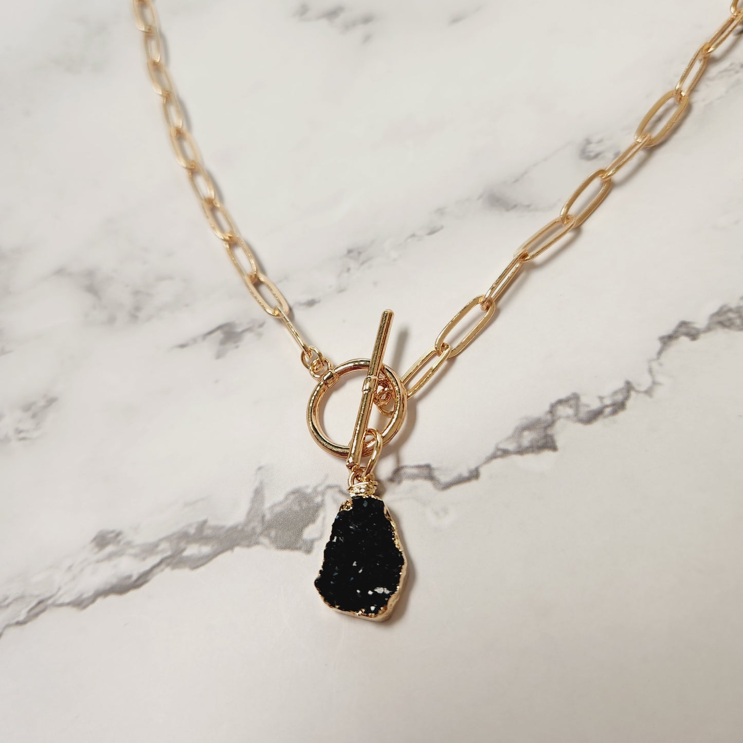 Black Druzy Pendant Toggle Necklace