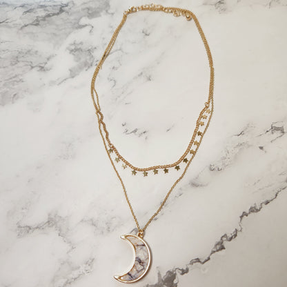 Howlite Druzy Moon Layered Goldtone Necklace