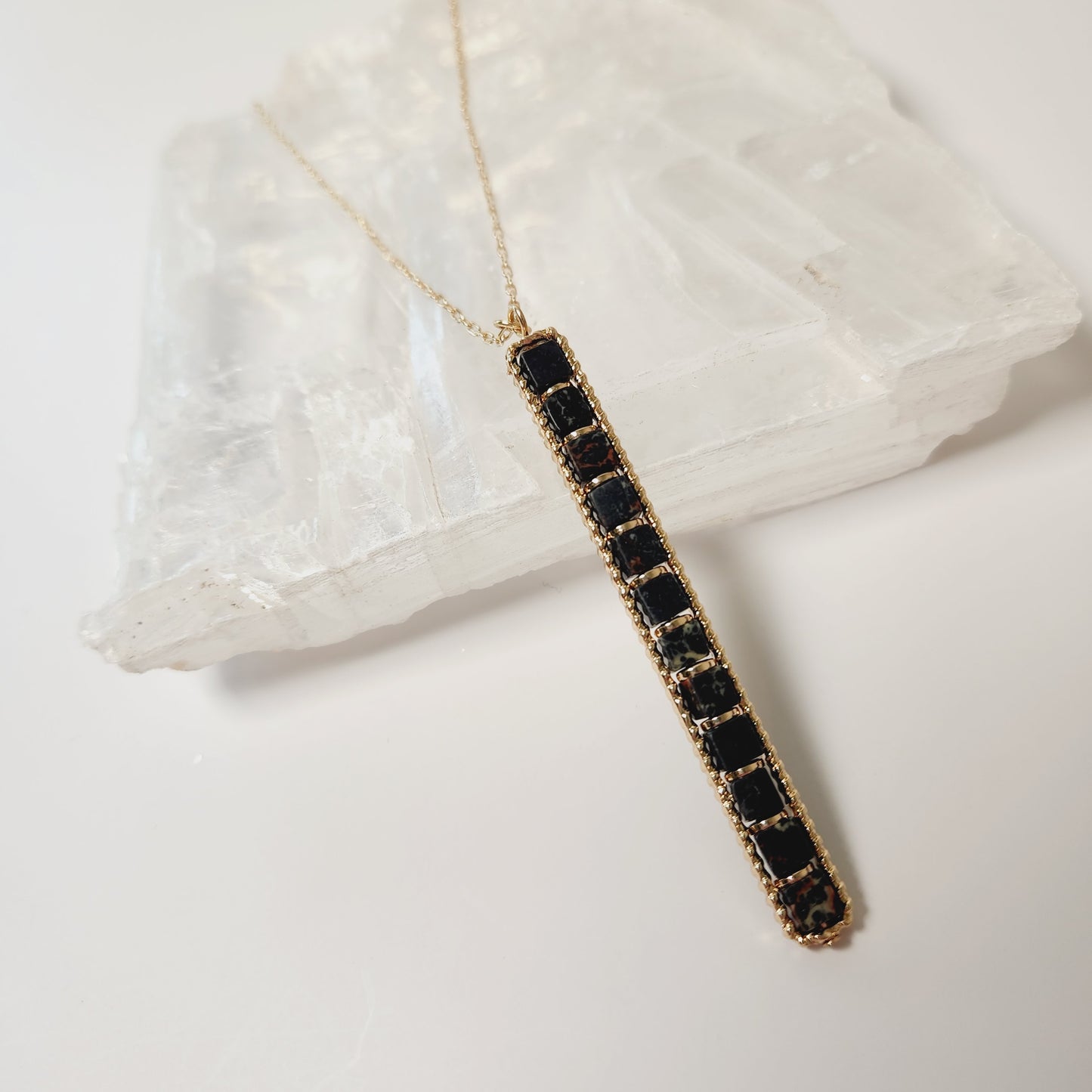 Long Black Semi-Precious Beaded Bar Pendant Necklace