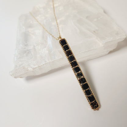 Long Black Semi-Precious Beaded Bar Pendant Necklace