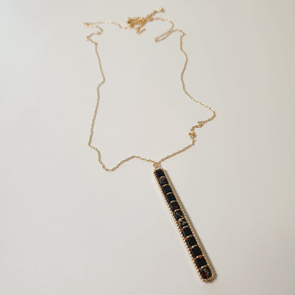 Long Black Semi-Precious Beaded Bar Pendant Necklace