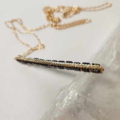 Long Black Semi-Precious Beaded Bar Pendant Necklace