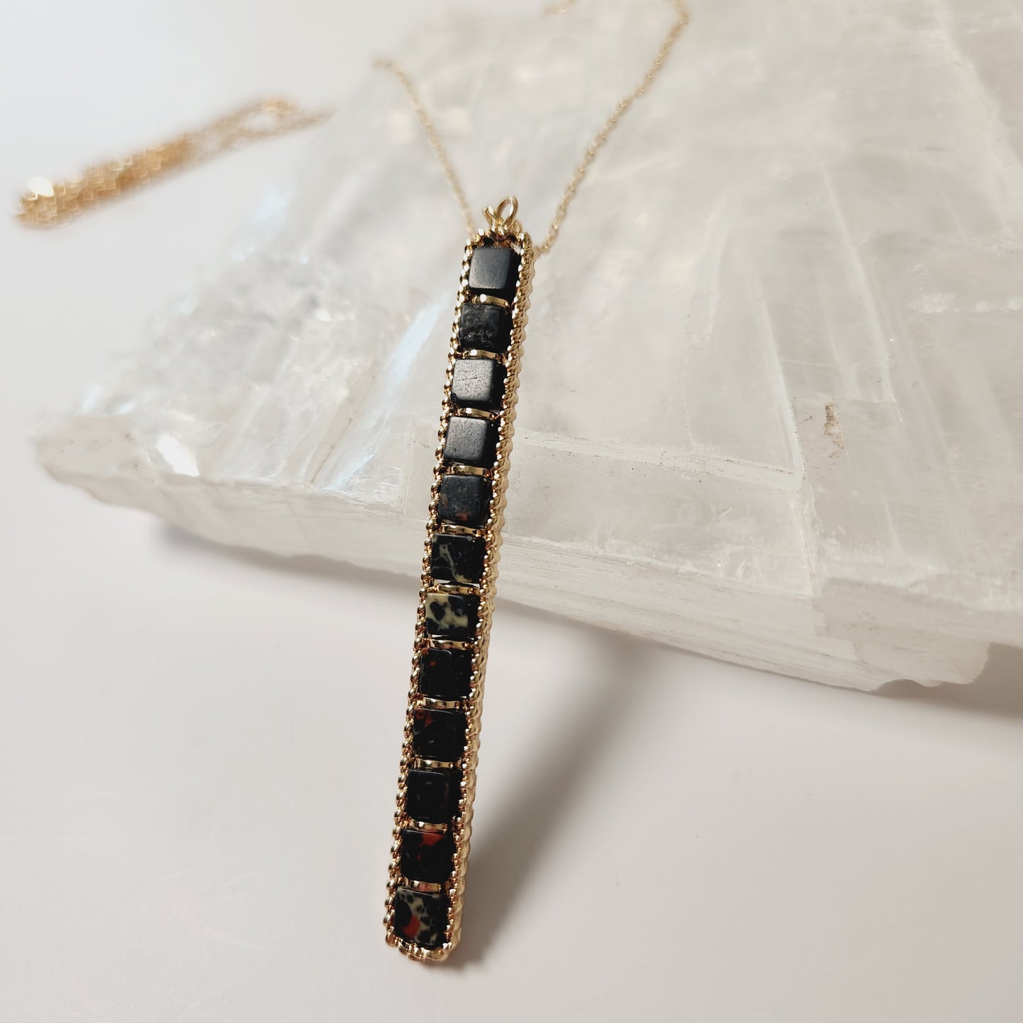 Long Black Semi-Precious Beaded Bar Pendant Necklace