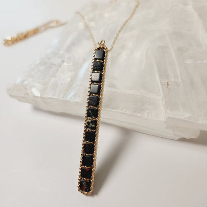 Long Black Semi-Precious Beaded Bar Pendant Necklace