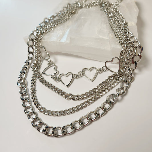Layered Silver Chain Heart Necklace