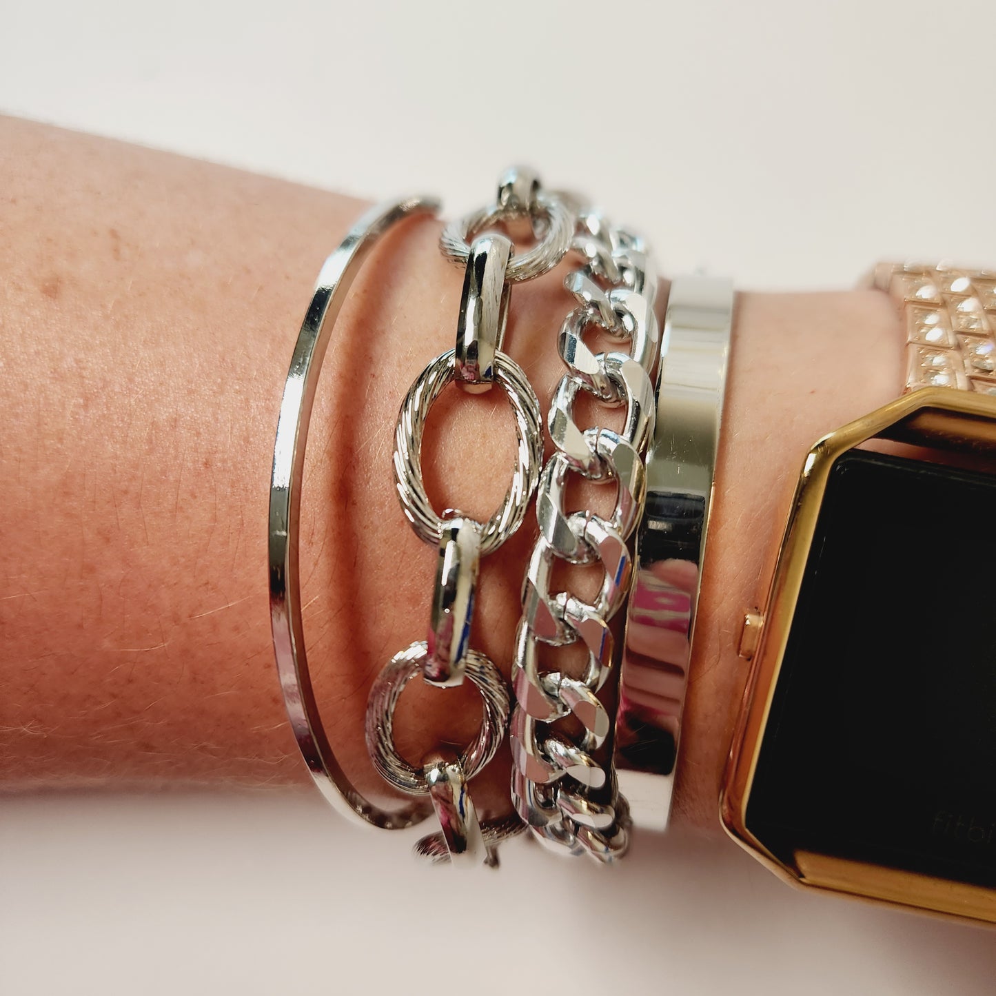 Silvertone Stacking Bracelet Chain and Cuff Set