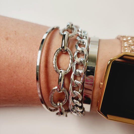 Silvertone Stacking Bracelet Chain and Cuff Set