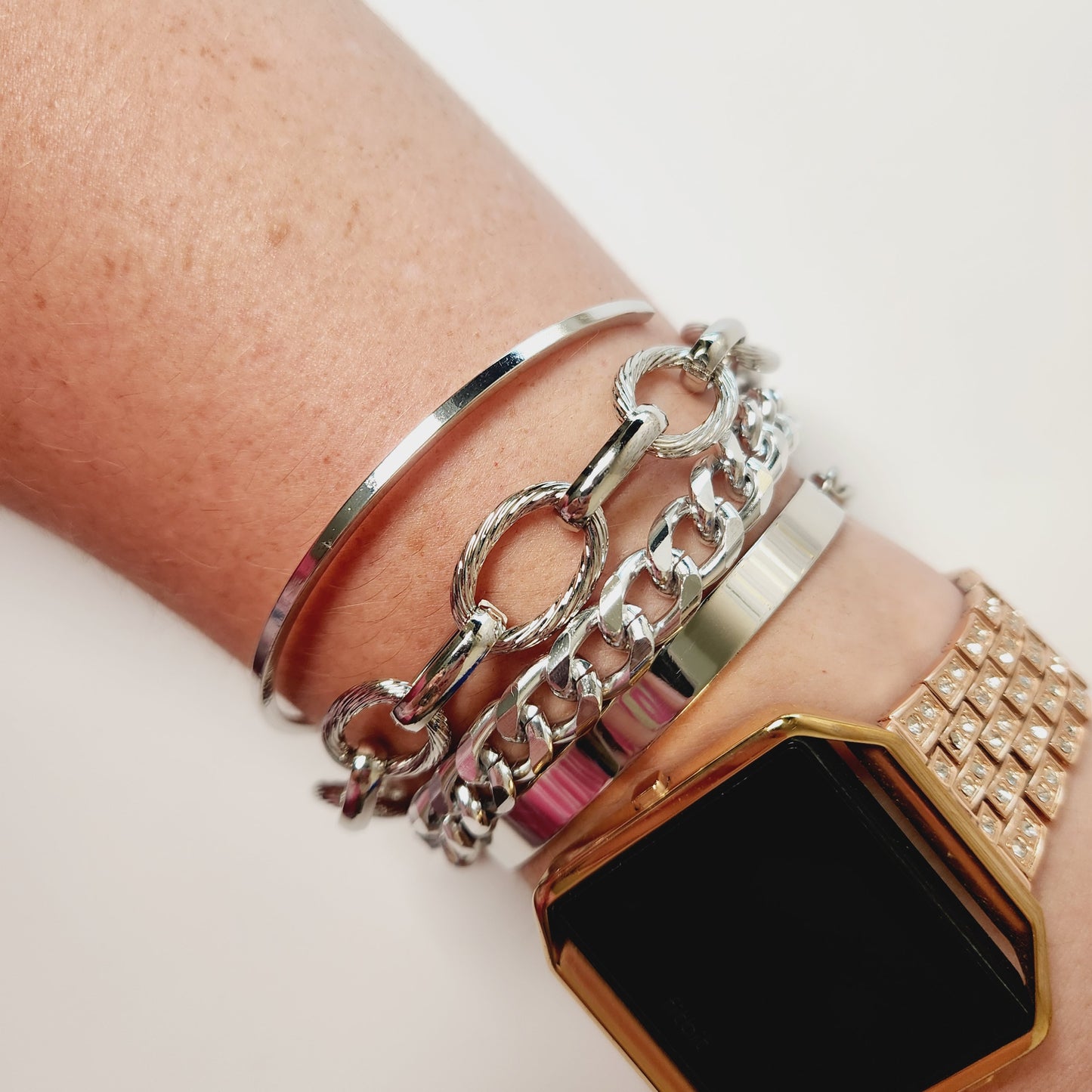 Silvertone Stacking Bracelet Chain and Cuff Set