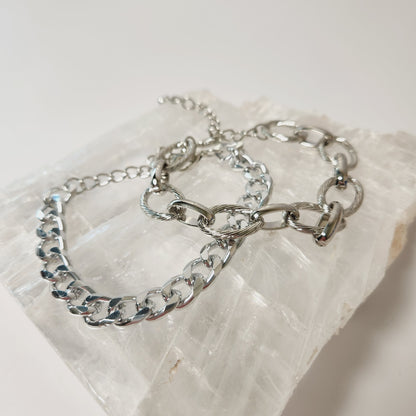 Silvertone Stacking Bracelet Chain and Cuff Set