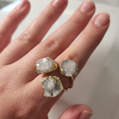 Triple Stone Druzy Quartz Adjustable Gold-Plated Ring
