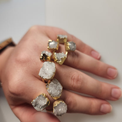 Triple Stone Druzy Quartz Adjustable Gold-Plated Ring