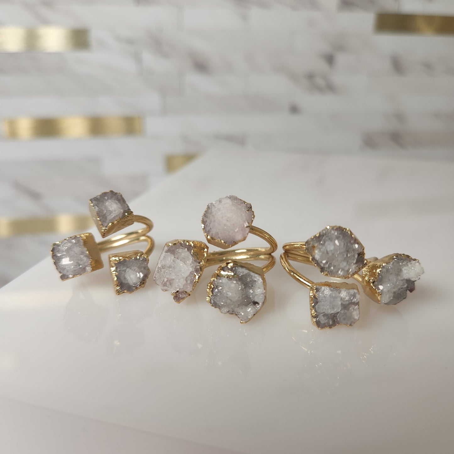 Triple Stone Druzy Quartz Adjustable Gold-Plated Ring