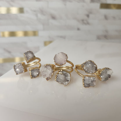 Triple Stone Druzy Quartz Adjustable Gold-Plated Ring