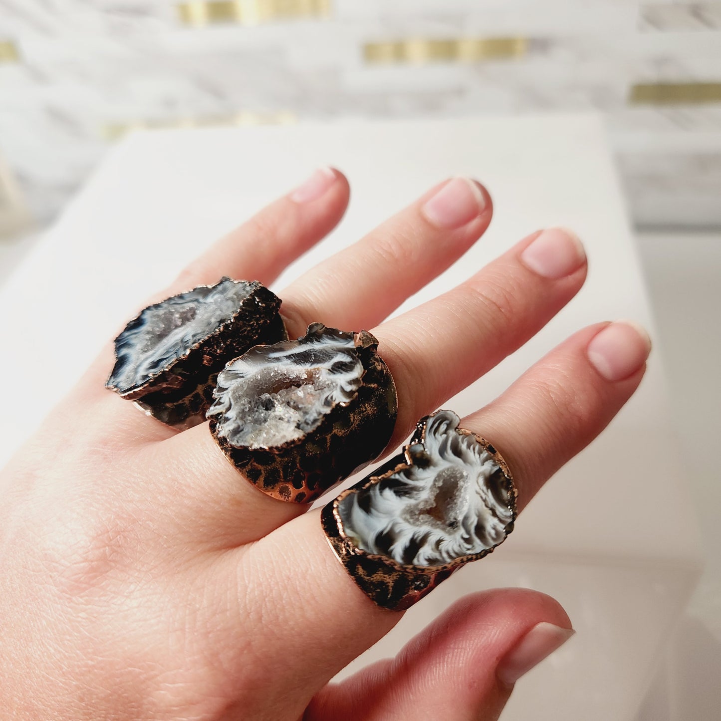 Natural Druzy Agate Gemstone Adjustable Ring