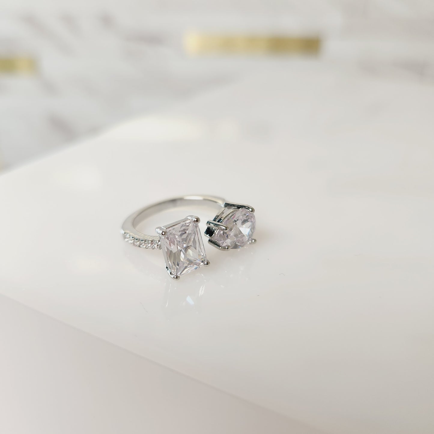 Zircon Stone Adjustable Double Stone Silver Ring