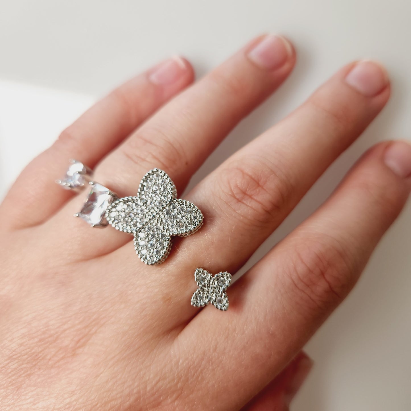 Double Flower Zircon Silvertone Adjustable Ring