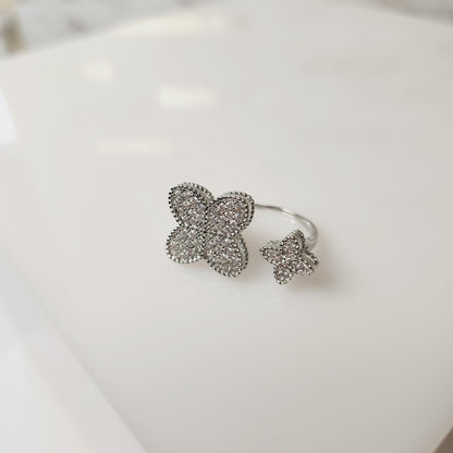 Double Flower Zircon Silvertone Adjustable Ring