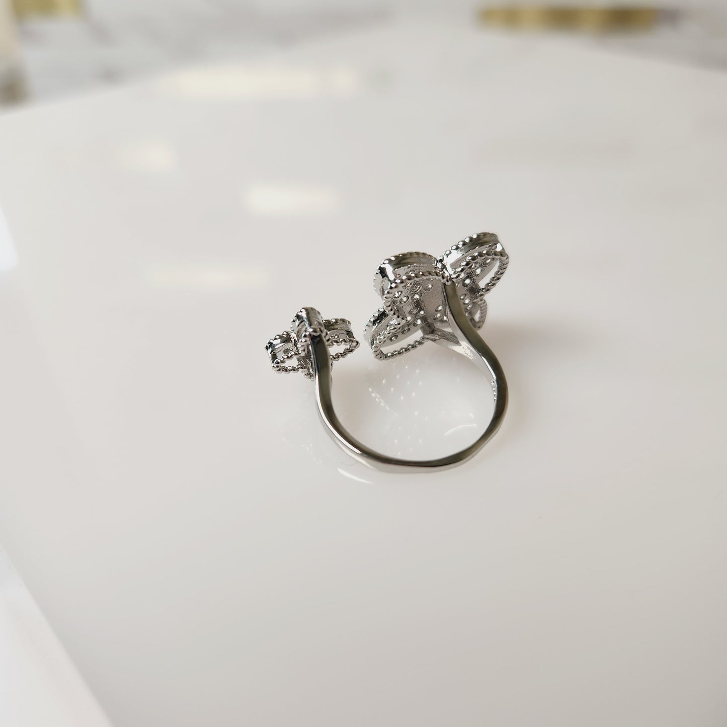 Double Flower Zircon Silvertone Adjustable Ring