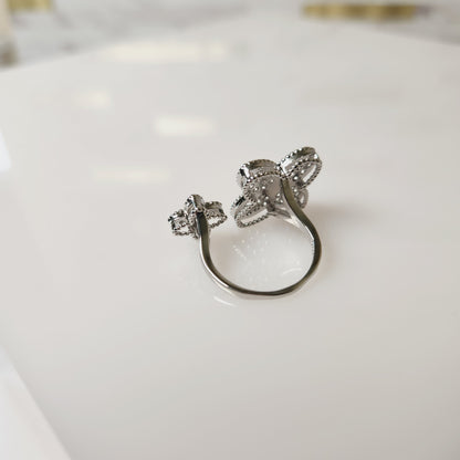 Double Flower Zircon Silvertone Adjustable Ring
