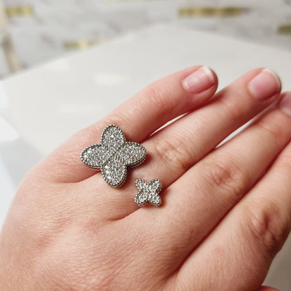 Double Flower Zircon Silvertone Adjustable Ring
