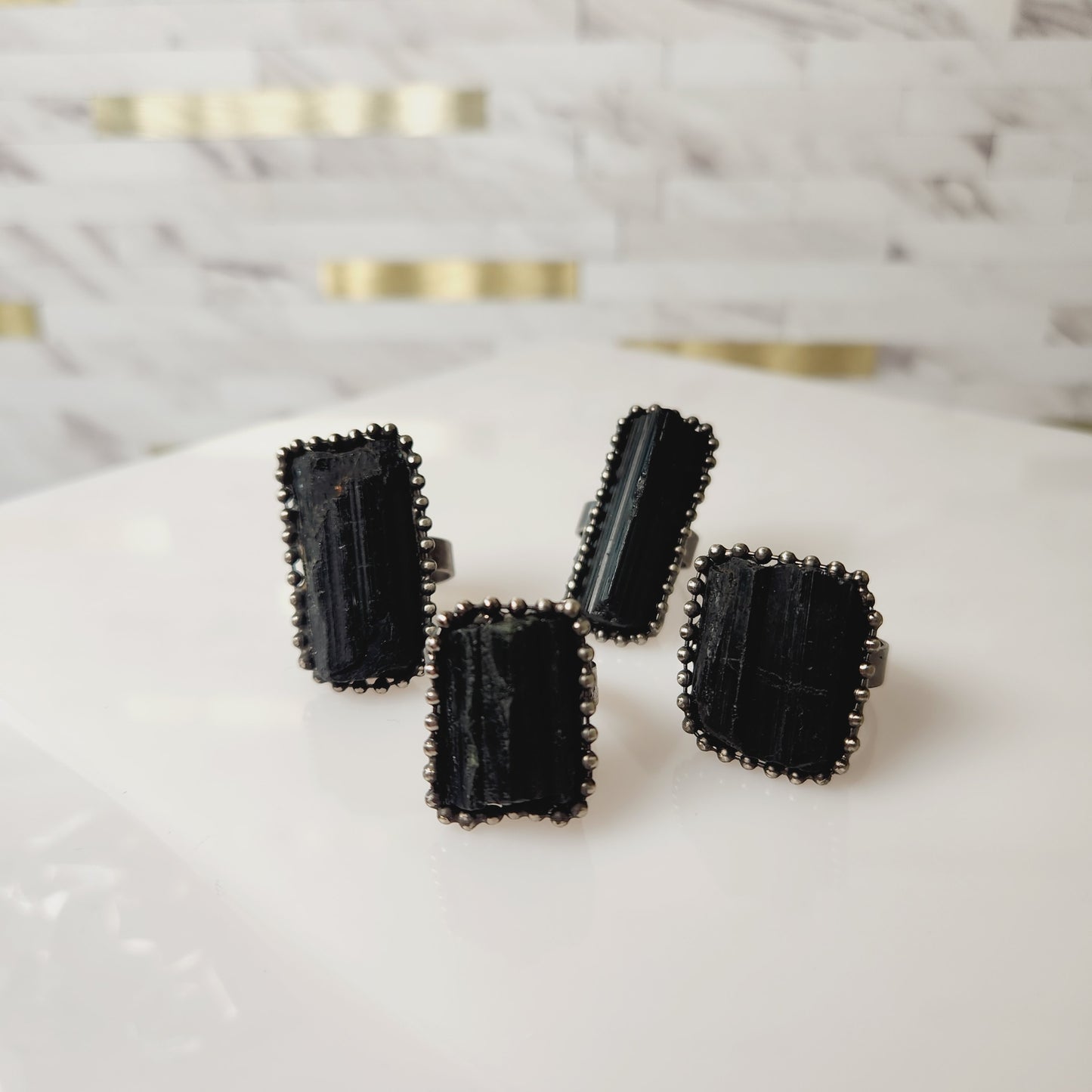 Raw Black Tourmaline Crystal Adjustable Ring