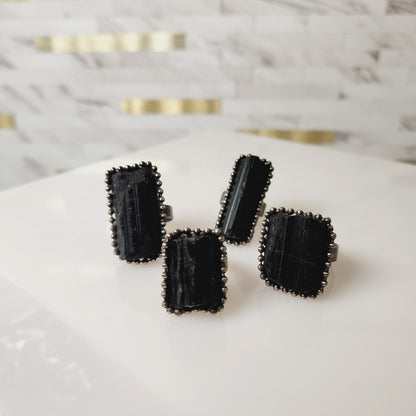 Raw Black Tourmaline Crystal Adjustable Ring