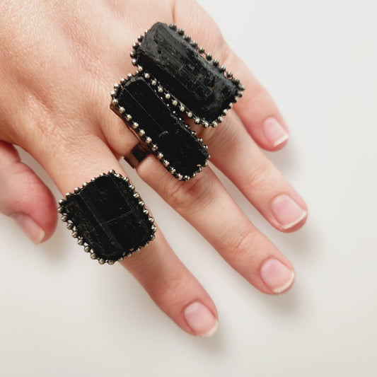 Raw Black Tourmaline Crystal Adjustable Ring