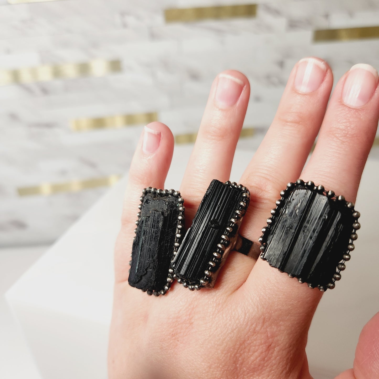 Raw Black Tourmaline Crystal Adjustable Ring